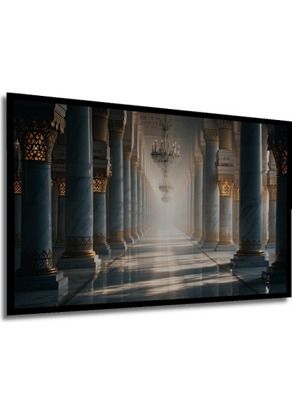 Çerçeve Görünümlü Mermer Sütunlar ve Kristal Avizeler Yağlı Boya Görünümlü Ahşap Ofis Kare Tablo modelleri