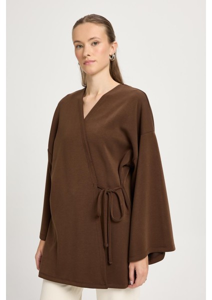 Kadın Kahverengi Oversize Uzun Kimono Yumuşacık Modal Ceket 30006