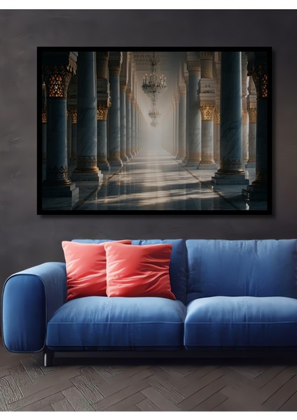 Çerçeve Görünümlü Mermer Sütunlar ve Kristal Avizeler Yağlı Boya Görünümlü Ahşap Ofis Kare Tablo