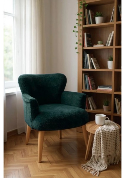 Roma Modern Berjer Tekli Koltuk - Welsoft Yumuşak Kumaş - Ahşap Ayak - Yeşil