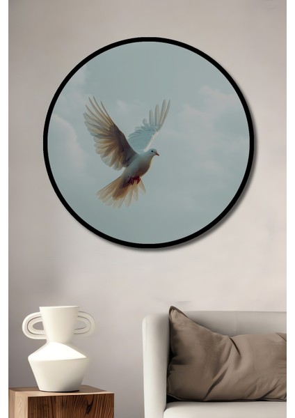 Çerçeve Görünümlü Uçan Beyaz Güvercin Yağlı Boya Görünümlü Dekoratif Ahşap Ofis Yuvarlak Tablo