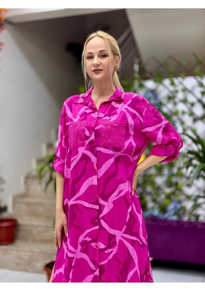 YG303004 Italyan Cep Payet Coton Pareo Gömlek Elbise Pembe fiyatları