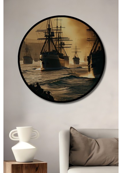 Çerçeve Görünümlü Osmanlı Donanması Yağlı Boya Görünümlü Dekoratif Ahşap Işyeri/ofis Yuvarlak Tablo
