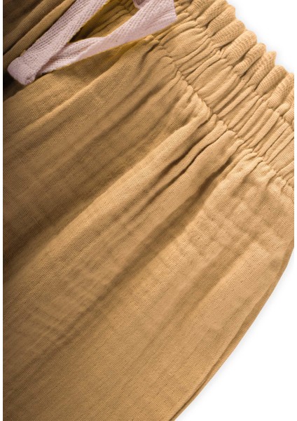 Organic Beli Fırfırlı Geniş Kesim Müslin Pantolon 1-8 Yaş Hardal Sarı modelleri