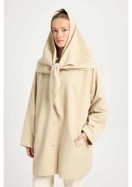 Kadın Bej Oversize Seyyar Yakalı Astarlı Tasarım Trençkot 30009