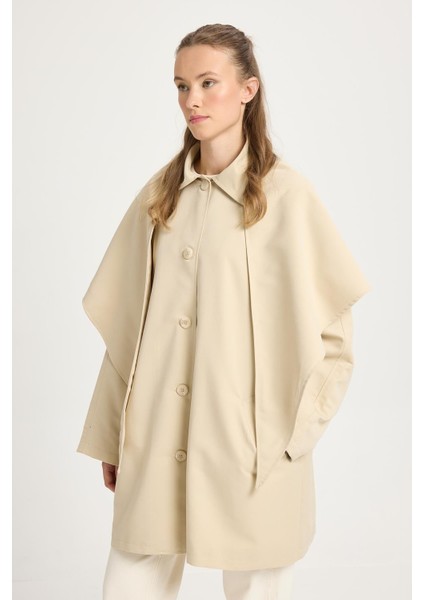 Kadın Bej Oversize Seyyar Yakalı Astarlı Tasarım Trençkot 30009 fiyatları