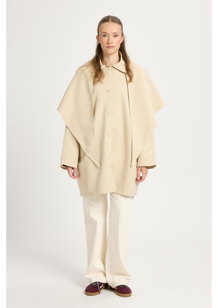 Kadın Bej Oversize Seyyar Yakalı Astarlı Tasarım Trençkot 30009 modelleri