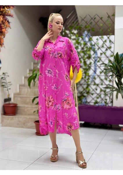 YG304005 Italyan Coton Pareo Gömlek Elbise Pembe