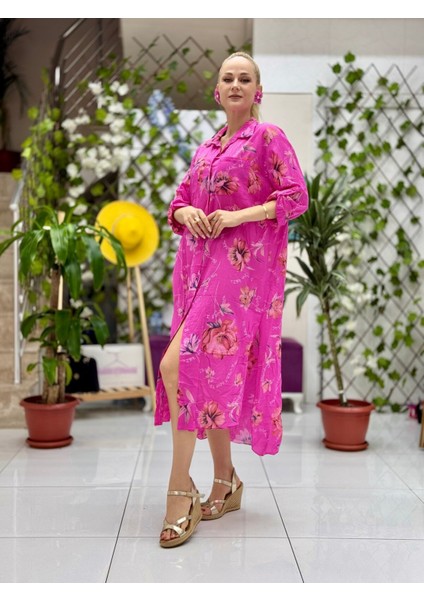 YG304005 Italyan Coton Pareo Gömlek Elbise Pembe modelleri