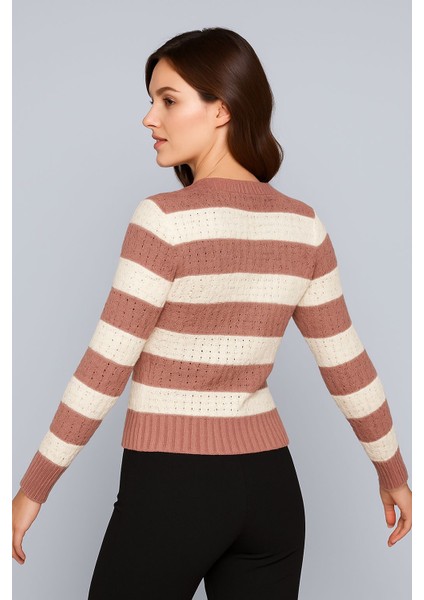 Kadın Önü Düğmeli ve Çift Renkli Triko Hırka
