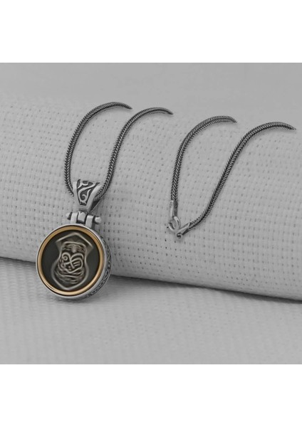 Nali Şerif Motifli Ortası Dönen 925 Ayar Kalın Zincirli Gümüş Erkek Kolye