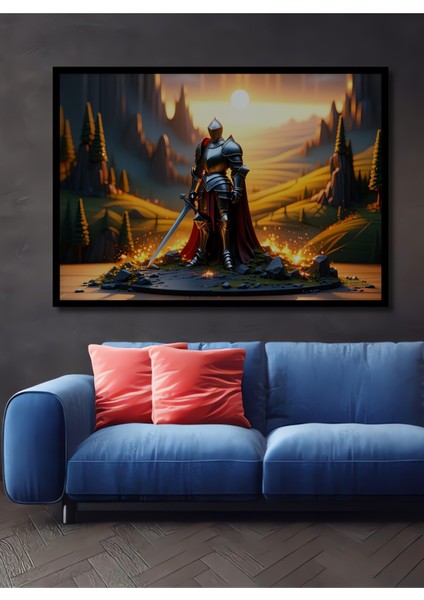Çerçeve Görünümlü Zırhlı Şövalye Görkemli Manzara Yağlı Boya Görünümlü Ahşap Ofis Kare Tablo