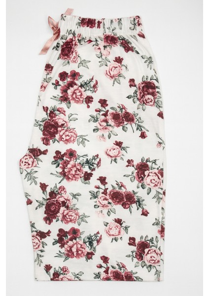 Beyaz Çiçek Desenli Kaliteli Büyük Beden Kadın Yüksek Bel Yazlık Pijama Altı Uzun