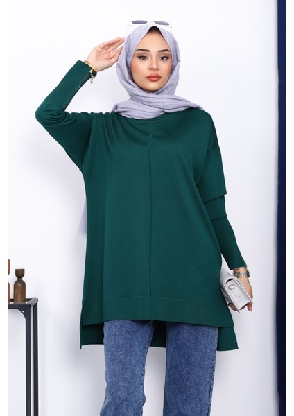 Zümrüt Yeşili Kol Fermuarlı Soğuk Iplik Triko Tunik