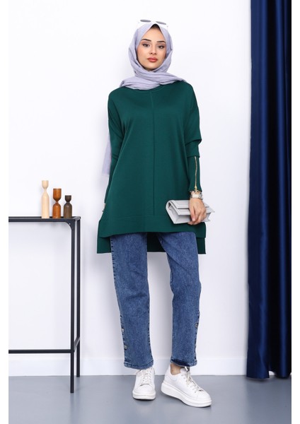 Zümrüt Yeşili Kol Fermuarlı Soğuk Iplik Triko Tunik fiyatları