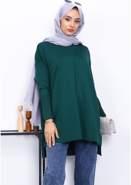 Zümrüt Yeşili Kol Fermuarlı Soğuk Iplik Triko Tunik modelleri