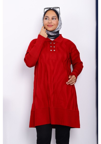 Bordo Gömlek Yaka Soğuk Iplik Triko Tunik modelleri