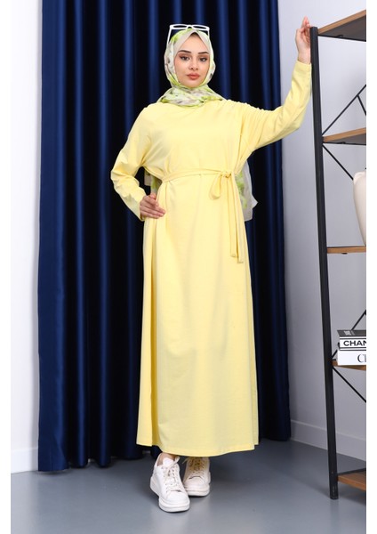 Sarı Bisiklet Yaka Bel Kuşaklı Elbise