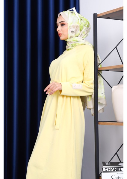 Sarı Bisiklet Yaka Bel Kuşaklı Elbise modelleri