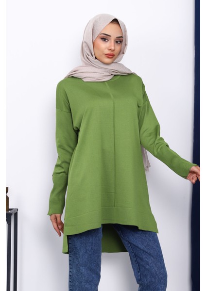 Yağ Yeşili Kol Fermuarlı Soğuk Iplik Triko Tunik