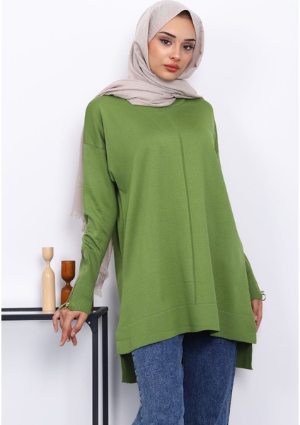 Yağ Yeşili Kol Fermuarlı Soğuk Iplik Triko Tunik modelleri