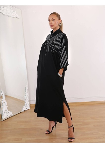 Kadın Hakim Yaka Fakir Kol Taş Detay Maxi Boy Salaş Elbise indirimleri
