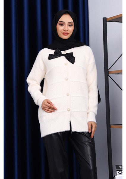 Krem Fiyonk Detaylı Angora Yumoş Triko Hırka