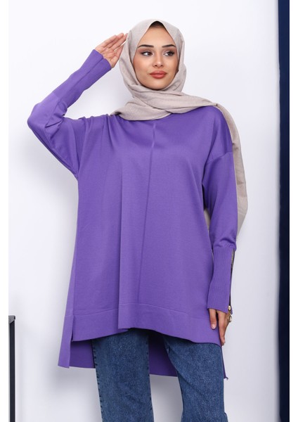 Mor Kol Fermuarlı Soğuk Iplik Triko Tunik