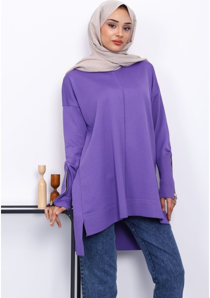 Mor Kol Fermuarlı Soğuk Iplik Triko Tunik modelleri