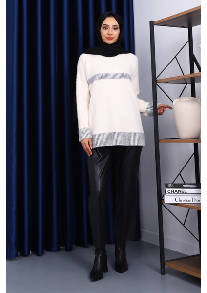 Krem Bisiklet Yaka Çizgili Angora Yumoş Triko Kazak fiyatları
