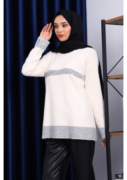 Krem Bisiklet Yaka Çizgili Angora Yumoş Triko Kazak modelleri