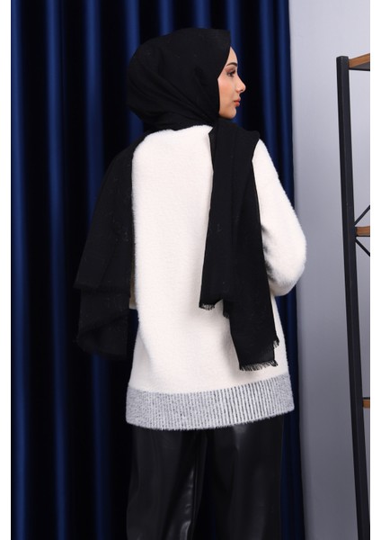 Krem Bisiklet Yaka Çizgili Angora Yumoş Triko Kazak fırsatları