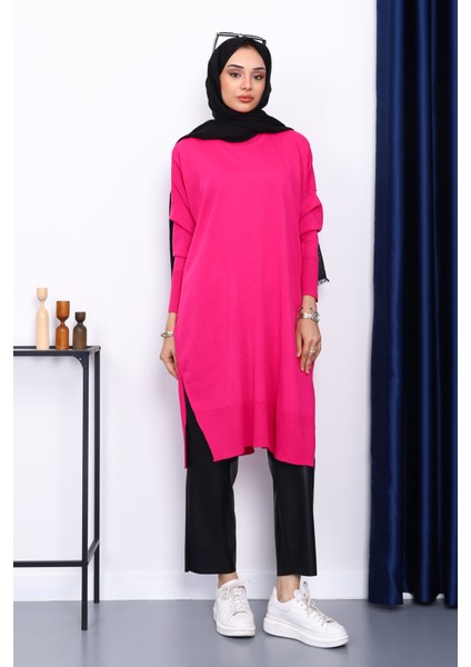 Koyu Fuşya Bisiklet Yaka Merserize Salaş Triko Tunik