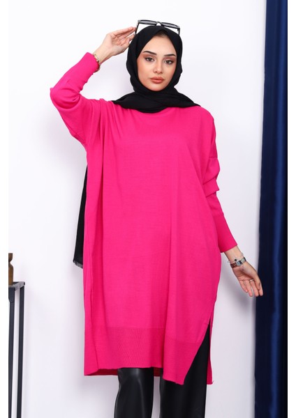 Koyu Fuşya Bisiklet Yaka Merserize Salaş Triko Tunik fiyatları