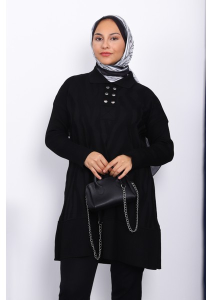 Siyah Gömlek Yaka Soğuk Iplik Triko Tunik