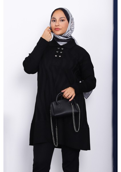 Siyah Gömlek Yaka Soğuk Iplik Triko Tunik fiyatları