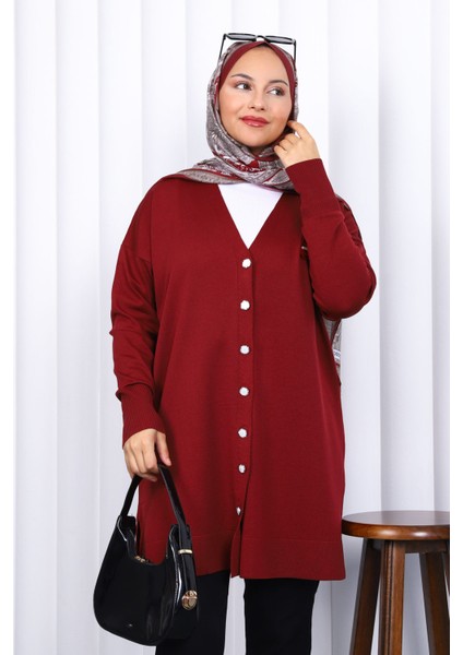 Bordo Düğmeli Soğuk Iplik Triko Hırka