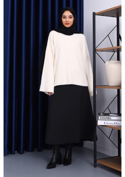 Krem Bisiklet Yaka Oversize Angora Yumoş Triko Kazak fiyatları