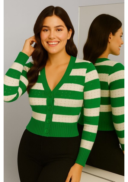 Kadın Önü Düğmeli ve Çift Renkli Triko Hırka