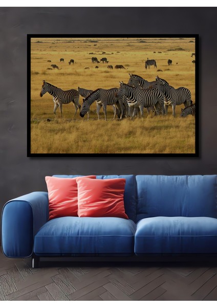 Çerçeve Görünümlü Afrika Savanında Zebra Sürüsü Yağlı Boya Görünümlü Ahşap Ofis Kare Tablo