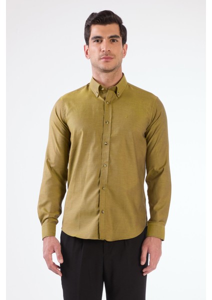 Koyu Sarı Erkek Slim Fit Düz Brent Düğmeli Yaka Uzun Kol Gömlek