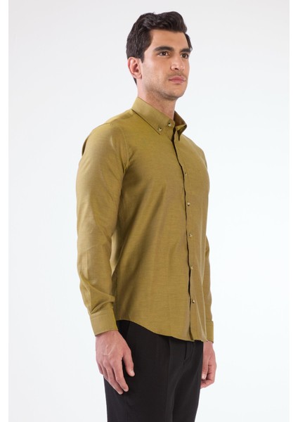 Koyu Sarı Erkek Slim Fit Düz Brent Düğmeli Yaka Uzun Kol Gömlek fiyatları