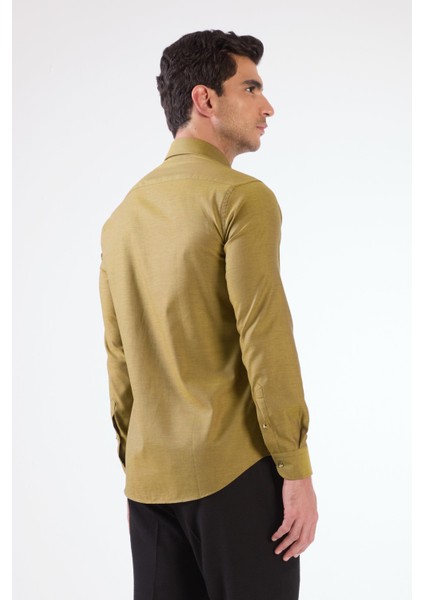 Koyu Sarı Erkek Slim Fit Düz Brent Düğmeli Yaka Uzun Kol Gömlek modelleri