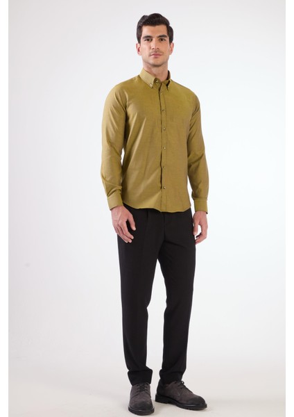 Koyu Sarı Erkek Slim Fit Düz Brent Düğmeli Yaka Uzun Kol Gömlek fırsatları
