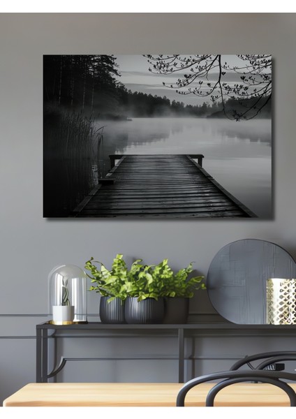 Siyah Beyaz Hüzünlü Göl Dekoratif Ahşap Iskele Manzarası Ev/işyeri/ofis/salon Ahşap Dekoratif Tablo