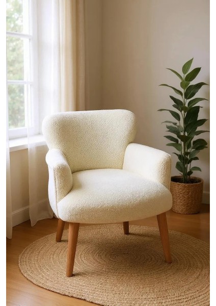 Roma Modern Berjer Tekli Koltuk - Welsoft Yumuşak Kumaş - Ahşap Ayak - Krem