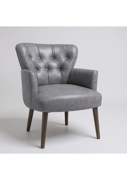 Roma Modern Berjer Tekli Koltuk - Deri Kumaş - Ahşap Ayak - Gri