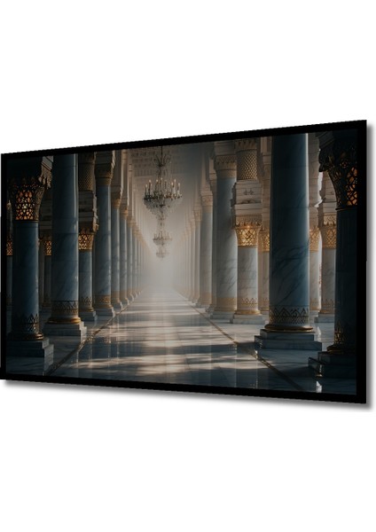 Çerçeve Görünümlü Mermer Sütunlar ve Kristal Avizeler Yağlı Boya Görünümlü Ahşap Ofis Kare Tablo fiyatları