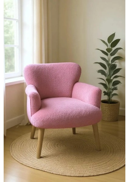 Roma Modern Berjer Tekli Koltuk - Welsoft Yumuşak Kumaş - Ahşap Ayak - Pembe