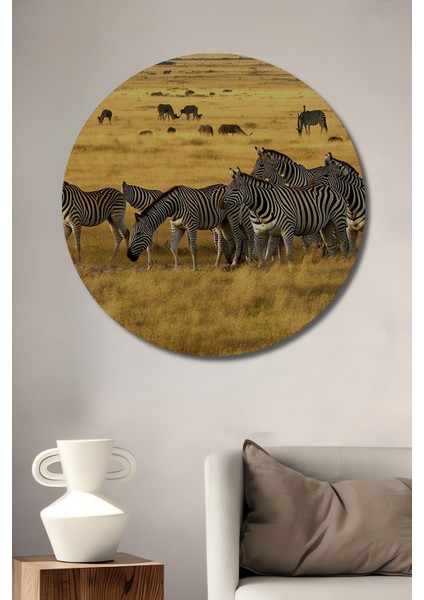 Afrika Savanında Zebra Sürüsü Yağlı Boya Görünümlü Dekoratif Ahşap Ev/işyeri/ofis Yuvarlak Tablo